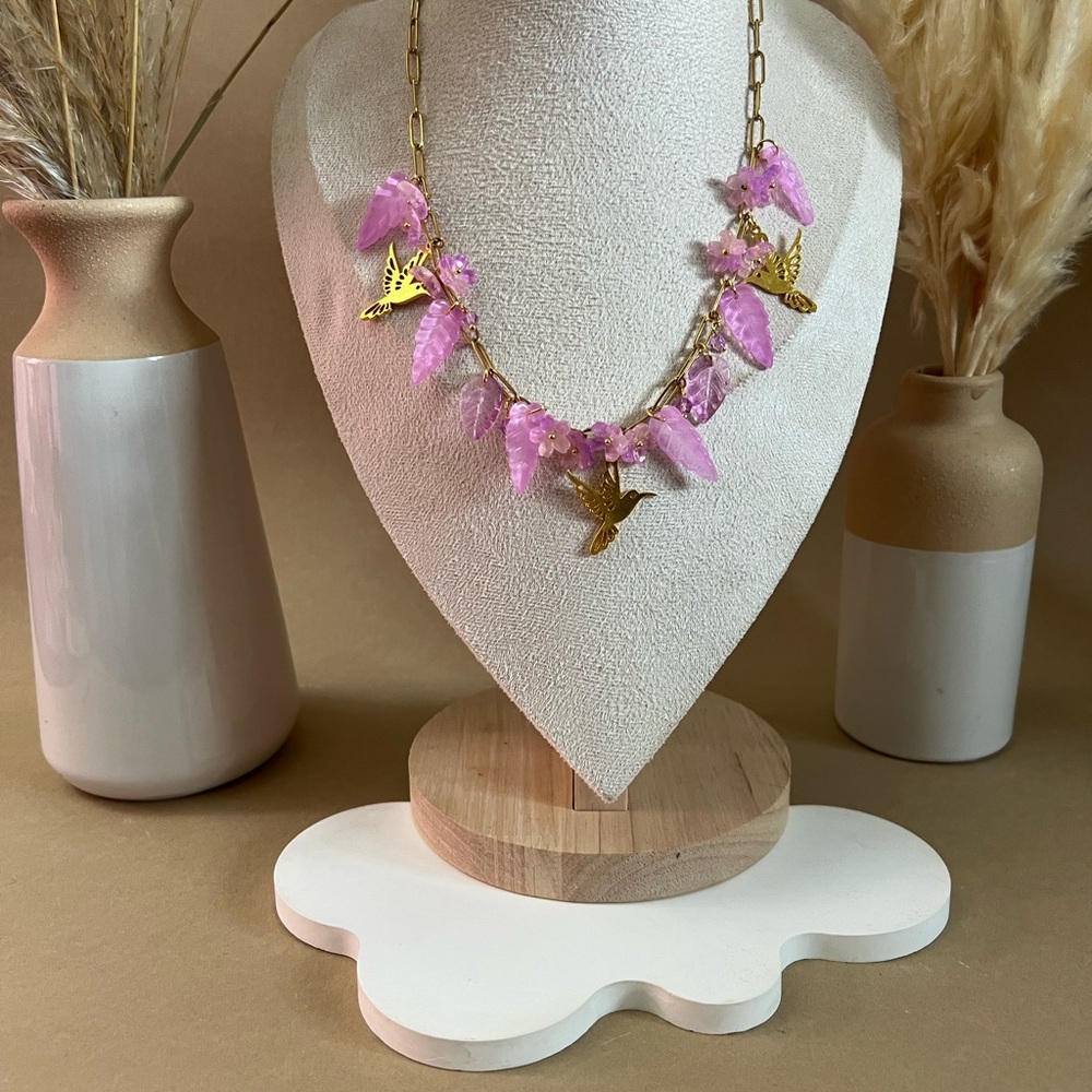 Cottagecore Pink Leaf & Hummingbird  Charm Statement Necklace - Fairycore